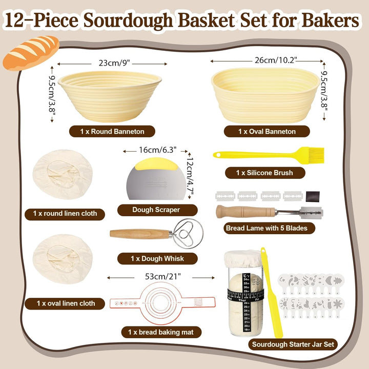Gärkörbchen,Sauerteig Starter Set,2 Silikon Gärkörbe Rund und Oval,Brot Backen Zubehör,Gärkorb Brot