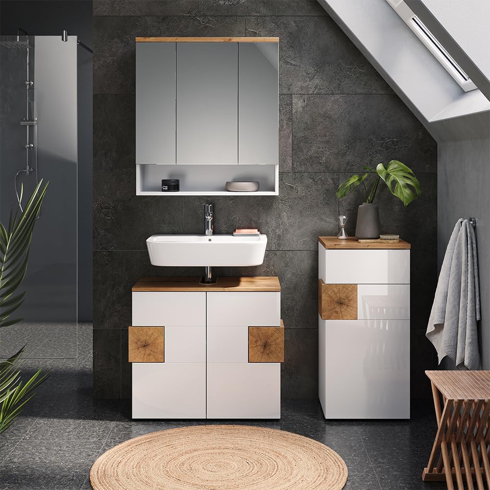 Vicco Midischrank Eden, Weiss Hochglanz/Artisan-Eiche, 40 x 84 cm Weiss Hochglanz Midischrank, Weiss