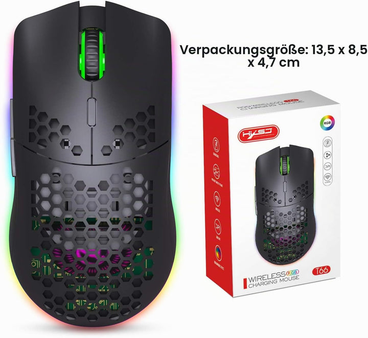 Drahtlose Gaming Maus, 2,4G Superleichte Wabenschale Ergonomische RGB-Mäuse mit 750mAh Akku, Energie