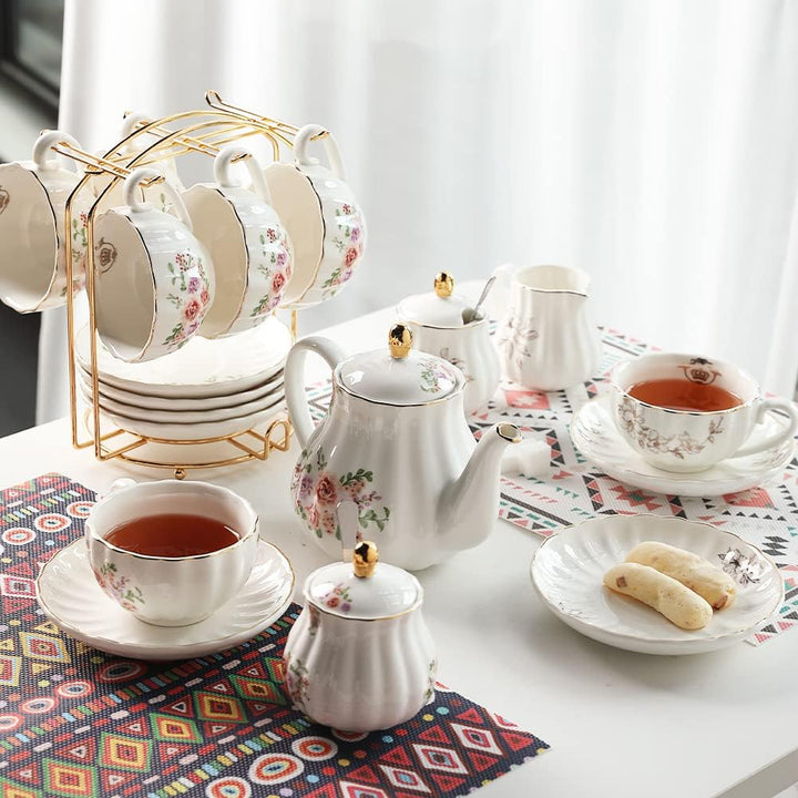 Sweejar Home 22 Stück Europäischen Stil Tee Service, Teetasse und Untertasse Set, Keramik Kaffeeset,