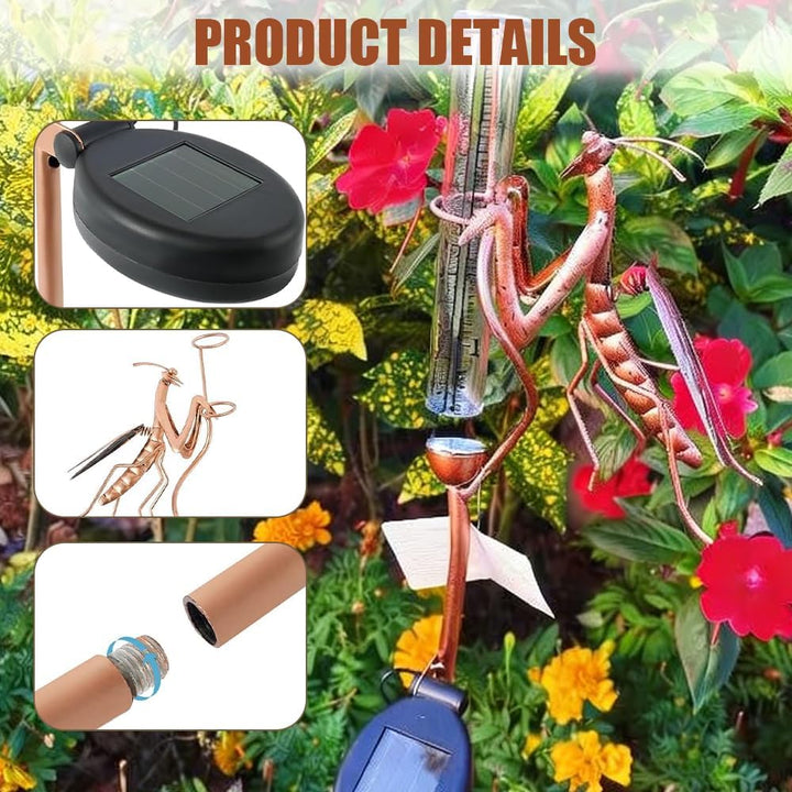 Regenmesser für Garten, Solar Regenmesser für Garten mit Erdspiess und LED, Metall Gottesanbeterin f