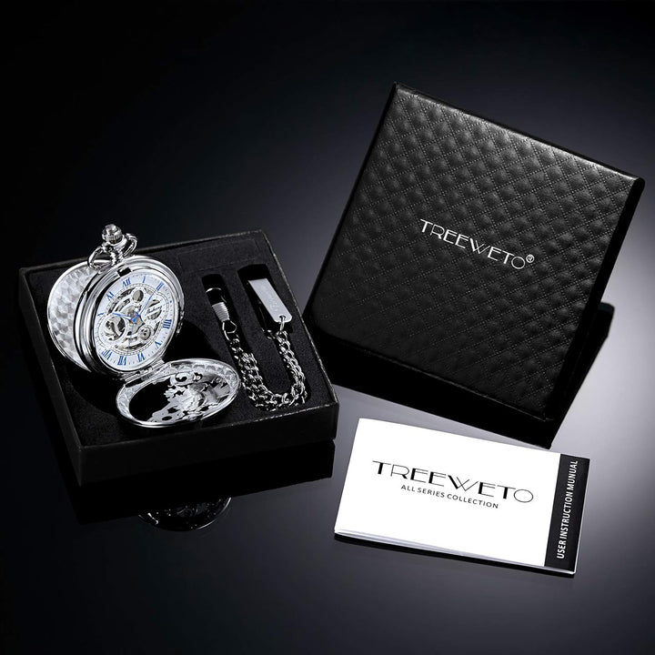 TREEWETO Unisex Taschenuhr mit Kette Analog Handaufzug Doppelscharnier Antik Drache Skelett Bronze 6