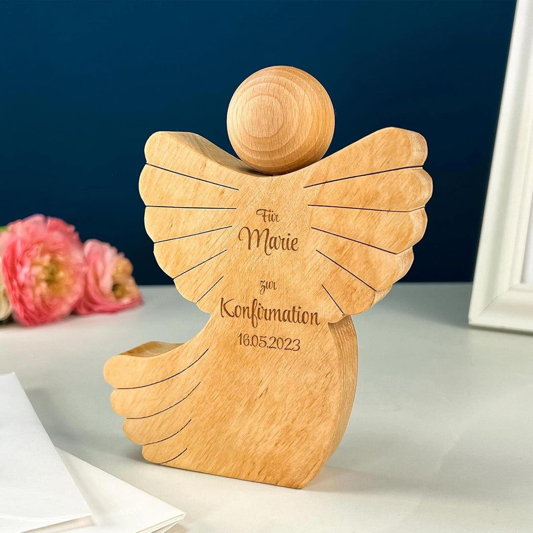 Engel Figur zur Konfirmation, Schutzengel mit Gravur, Personalisierte Holzengel Dekofigur, Konfirmat