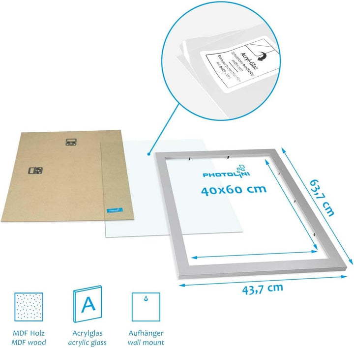 PHOTOLINI Bilderrahmen 40x60 Silber Holz MDF, 3er Set breite 40x60 cm Bilderrahmen mit bruchsicheres