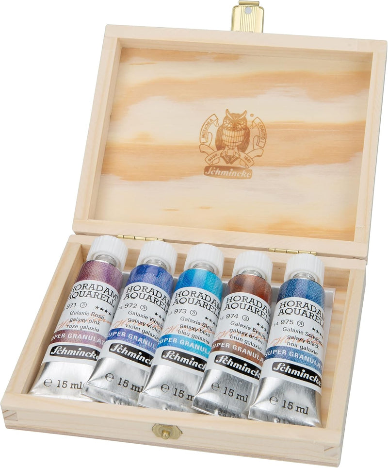 Schmincke – HORADAM® AQUARELL, Super Granulation Set Galaxie, 5 x 15 ml-Tuben, 74 842 097, Holzkaste