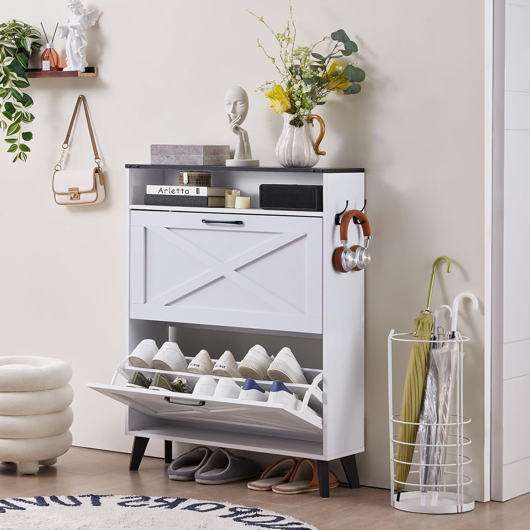 LELELINKY Schuhschrank mit 2 Klapp-Schubladen – Landhaus weiss Schuhorganizer für Flur – Schmaler Sc