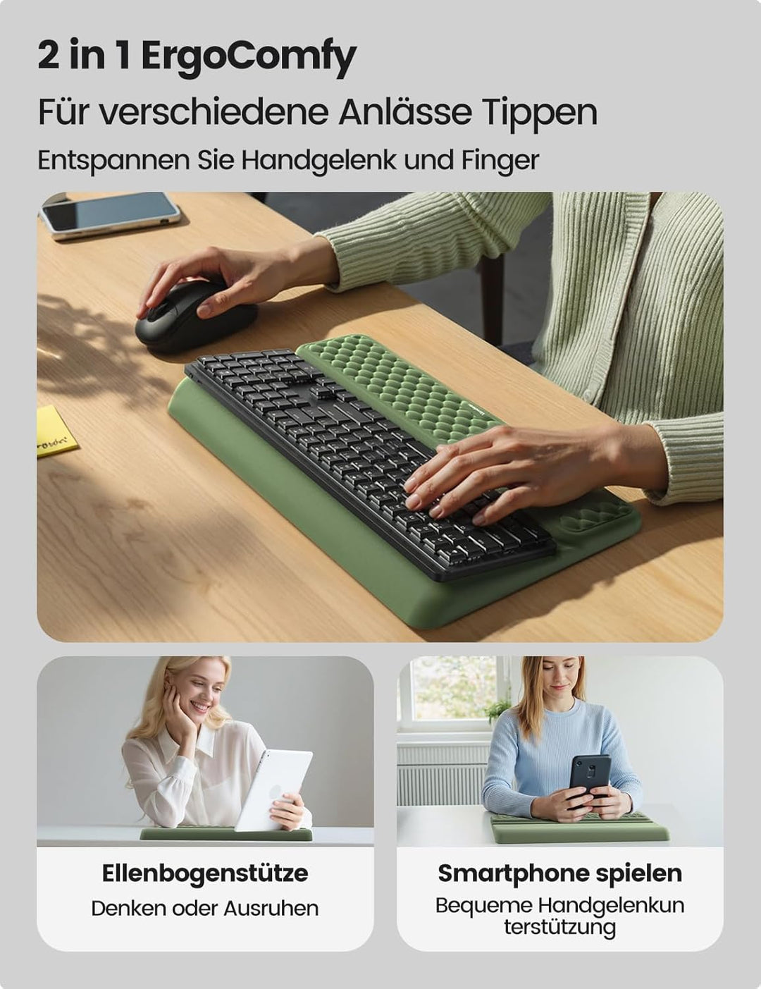 VAYDEER Ergonomie-Set mit Tastatur-Handauflage, Handgelenkauflage und Mauspad – Memory-Schaum, Rutsc