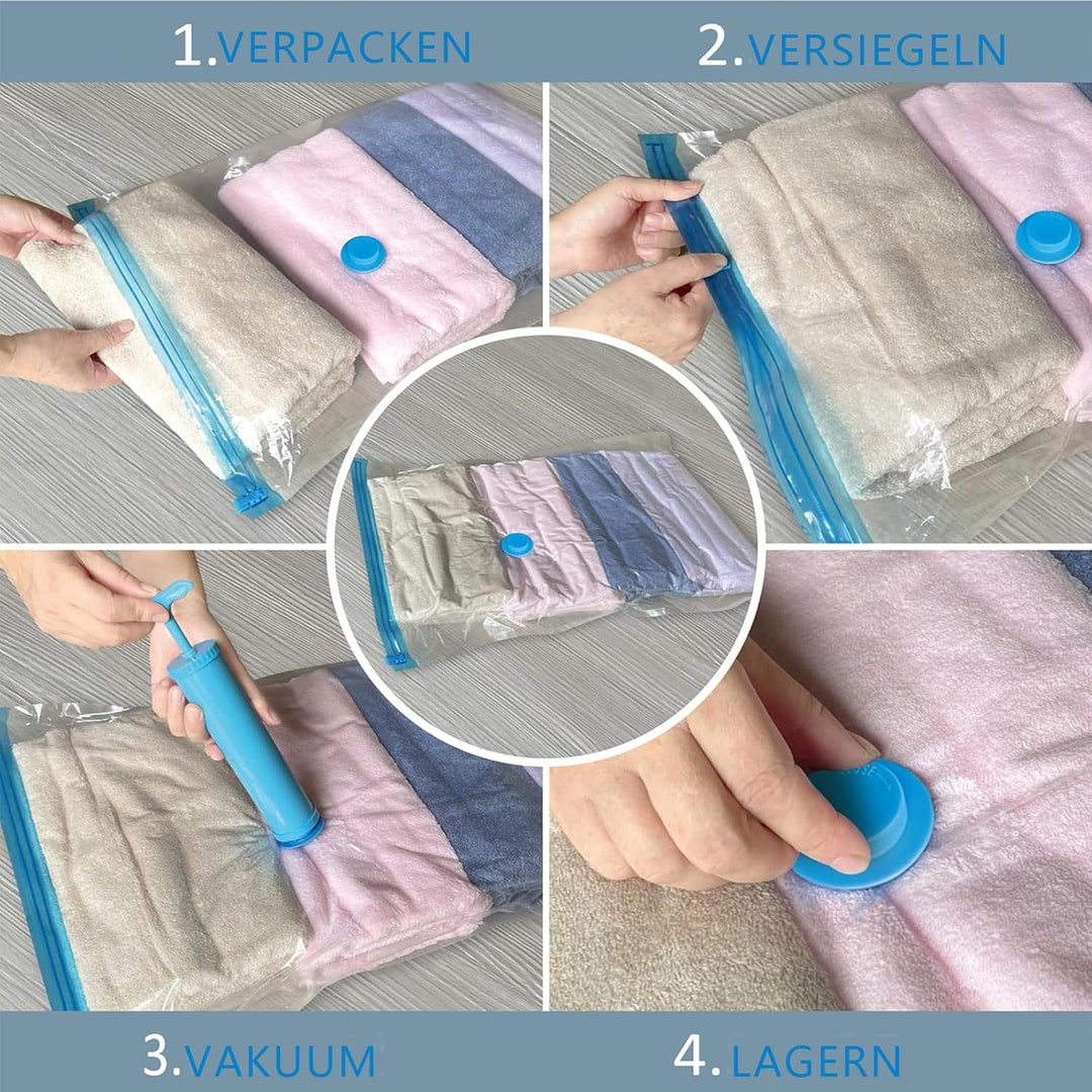 12 Stück Vakuumbeutel für Kleidung mit luftdichtem Ventil und Handpumpe Vakuum (6x50x70cm/4x60x80cm/