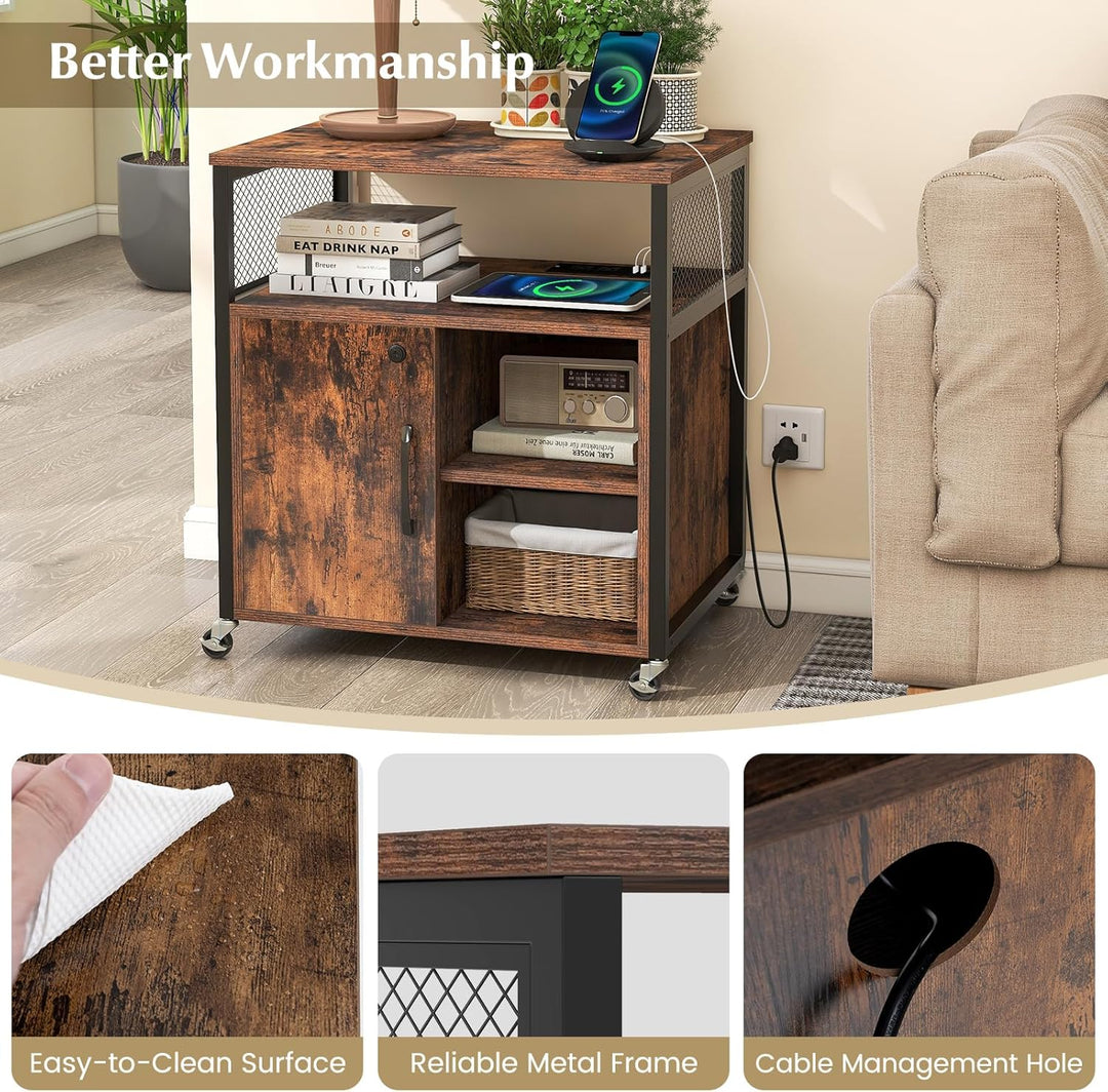 KOMFOTTEU Rollcontainer mit Ladestation, mobiler Aktenschrank mit Schloss & verstellbarem Ablagen, B