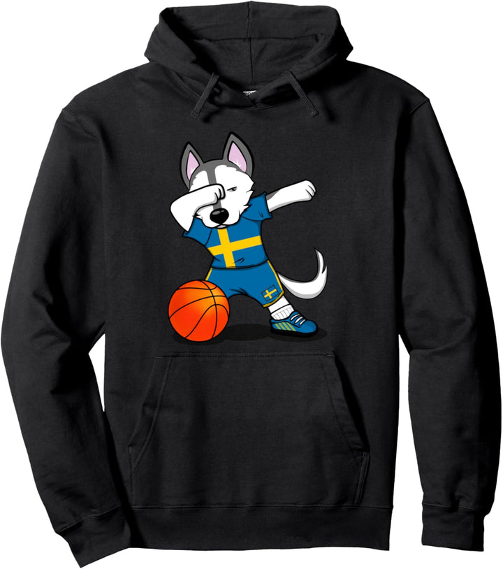 Dabbing Husky Hund Schweden Basketball Mannschaft Flagge Pullover Hoodie