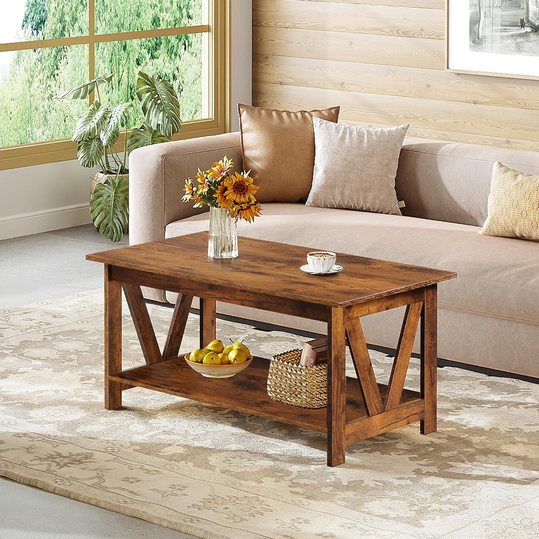 WLIVE Couchtisch Rechteckig, wohnzimmertisch Holz mit offenes Fach, V-Streben, Sofatisch Für Wohnzim