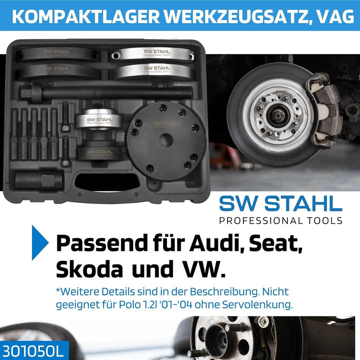 SW-Stahl 301050L Kompaktlager Werkzeugsatz, VAG, 16-teilig I Radlager Ausbau &amp; Einbau I Lagerwechsel