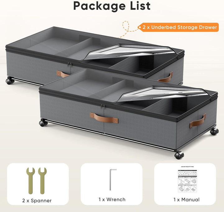 2 Stück Unterbett Aufbewahrungsbox 72L, Unterbettkommode Bettkasten mit Rollen 360°Drehung, Unterbet