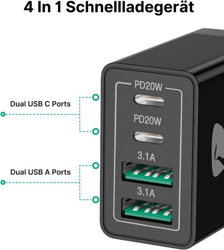 2-Pack USB C Ladegerät, 4-Port Adapter Mehrfach mit USB-C und USB-A, 40W Schnellladegerät PD 3.0 Cha