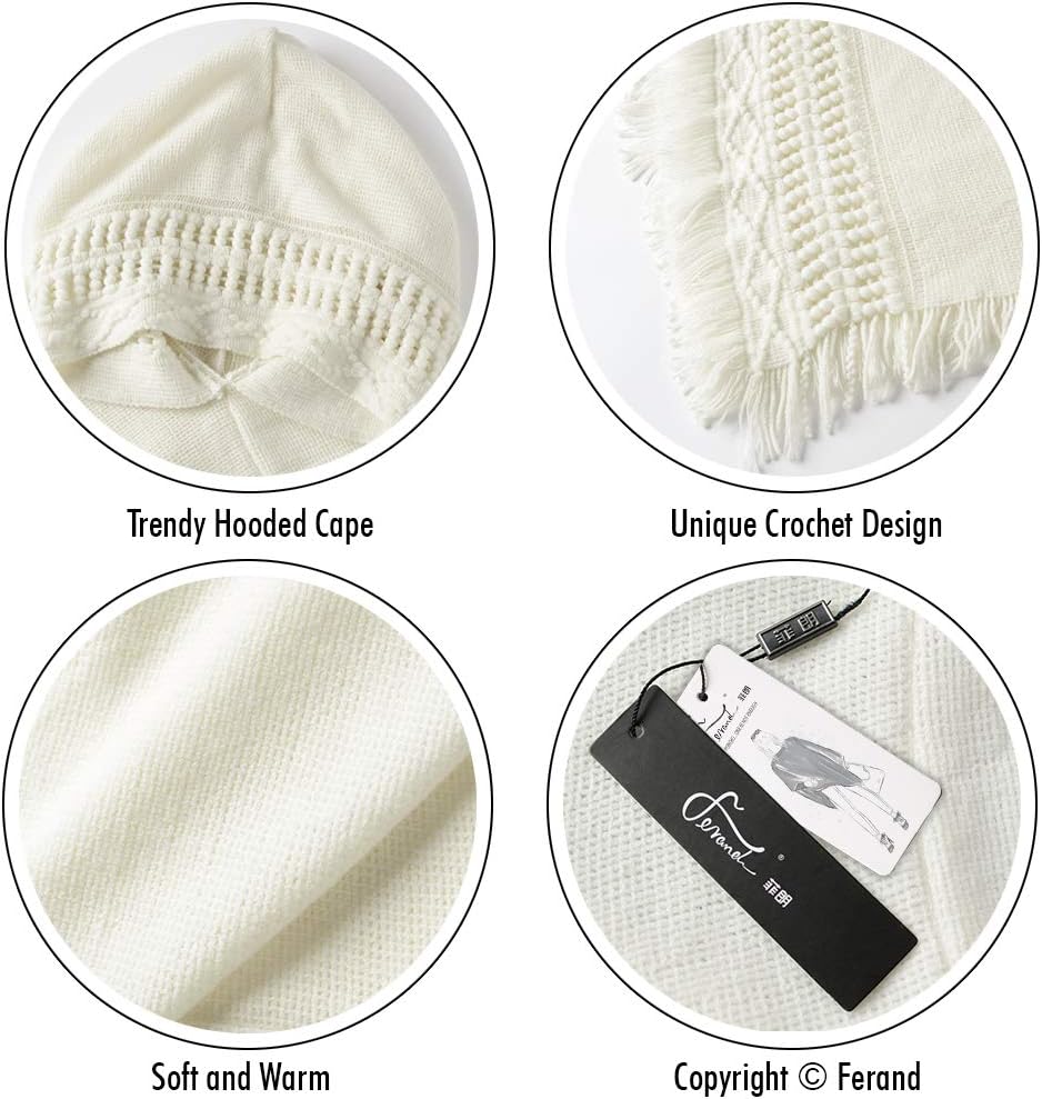 Ferand Damen Poncho mit Kapuze und gehäkeltem Cape mit Fransensaum für Herbst Winter Einheitsgrösse