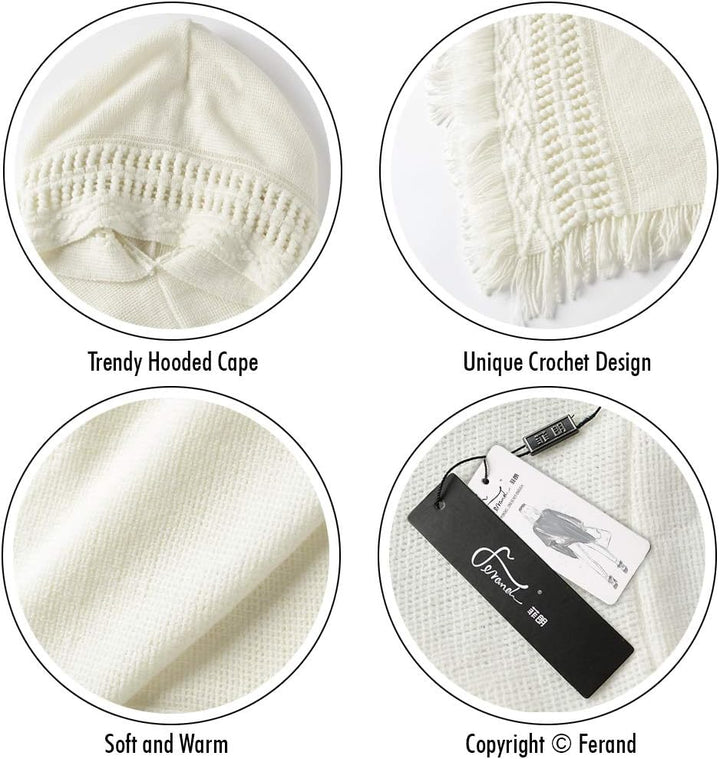 Ferand Damen Poncho mit Kapuze und gehäkeltem Cape mit Fransensaum für Herbst Winter Einheitsgrösse