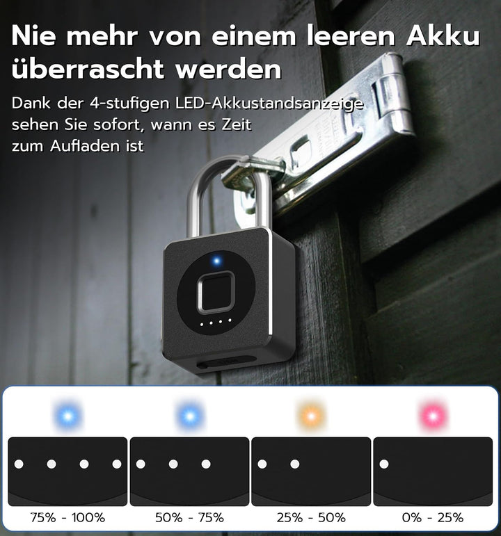 Smart Fingerabdruck Vorhängeschloss mit Bluetooth App – Elektronisches Kombischloss für Fitnessraum,