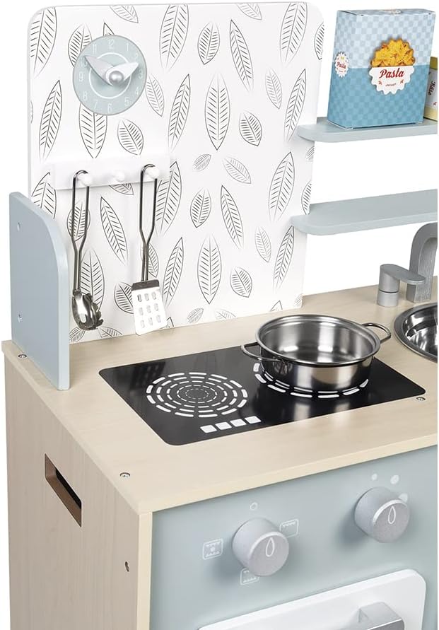 Janod - Küche ‘Plume’ - Kinderküche aus Holz mit Backofen, Edelstahlspüle, Schrank, Induktionskochpl