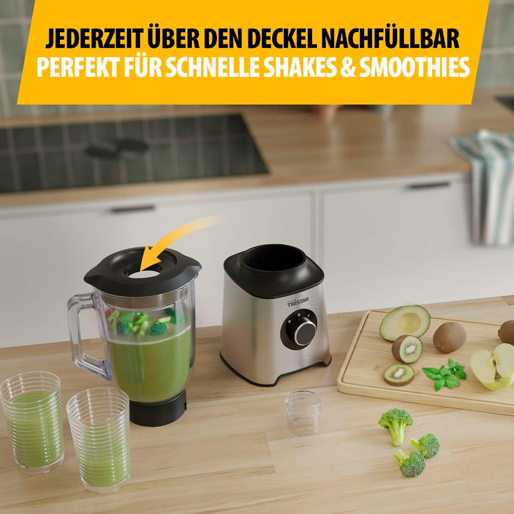 Tristar Standmixer, 1,5 L Glasbehälter, 1000 W Motor, Edelstahlgehäuse, 2 Geschwindigkeitsstufen, Le