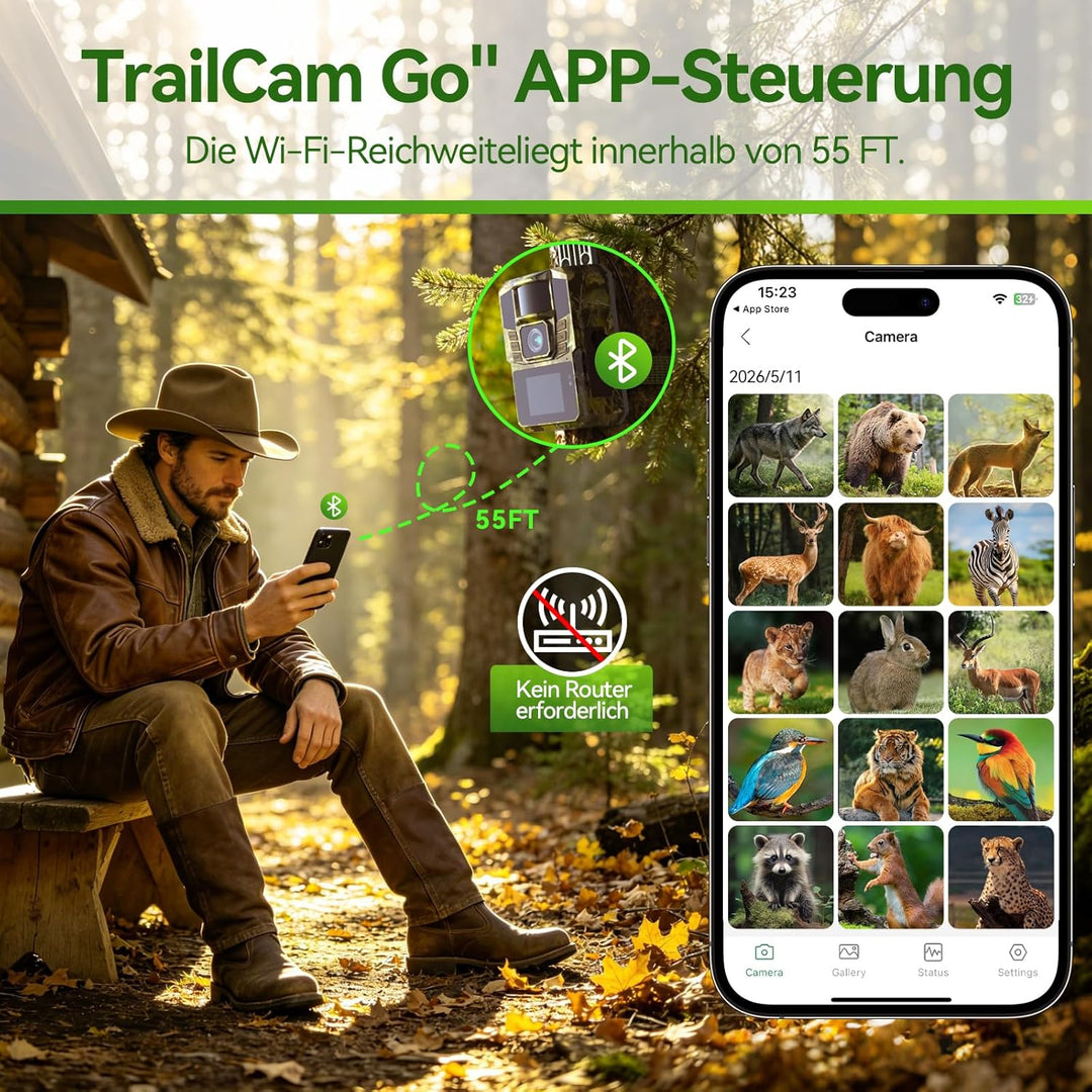 WLAN Solar Wildkamera 4K 48MP mit Handyübertragung APP, Wildtierkamera mit Nachtsicht Bewegungsmelde