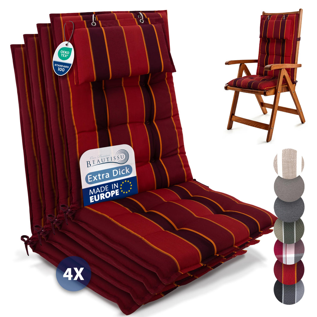 Beautissu 4er Set Premium Hochlehner Auflage mit Kopfpolster 120x50cm Sun-HL – 8cm Dick Polster Gart