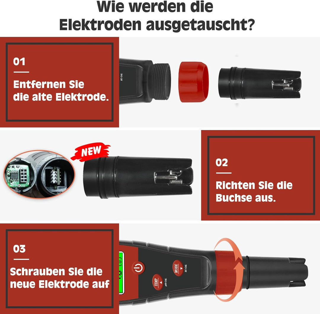 Ersatzelektroden-Set, Schwarze pH-Sonde für 4-in-1- und 5-in-1-pH-Meter, mit Kalibrierflüssigkeit 14