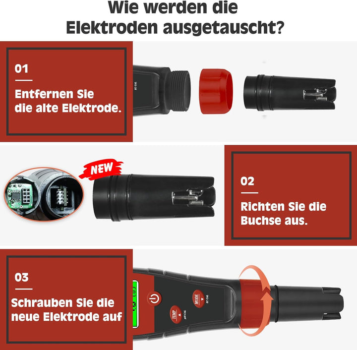 Ersatzelektroden-Set, Schwarze pH-Sonde für 4-in-1- und 5-in-1-pH-Meter, mit Kalibrierflüssigkeit 14
