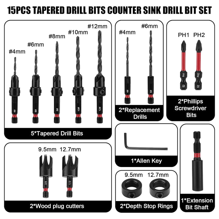 Mayouko 15 PCS Tapered Drill Bits Counter Sink Drill Bit Set, with Wood Plug Cutters and Depth Stop