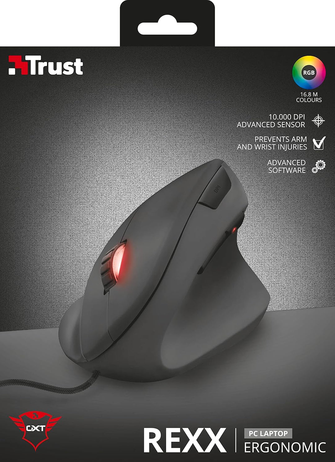 Trust Gaming GXT 144 Rexx Vertikale Gaming Maus, 10.000 DPI, 6-programmierbare Tasten, RGB LED-Beleu