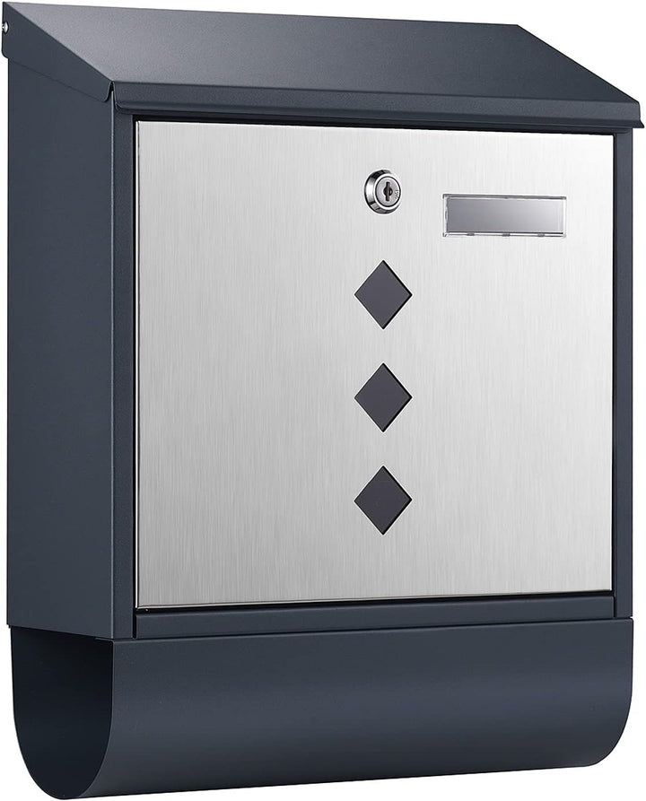 Wiltec Designer Briefkasten V36 Anthrazit und Edelstahl 305 x 105 x 385 mm, Wandbriefkasten mit Schl