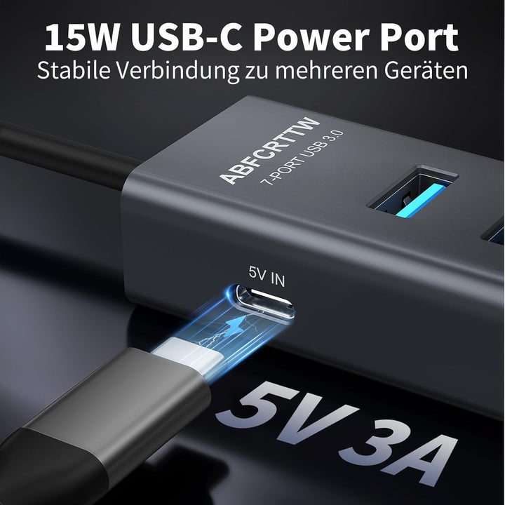7-Port USB Hub 3.0 mit 120cm Kabel für Desktop, Aluminium USB Verteiler 5Gbps Multiport Adapter Spli
