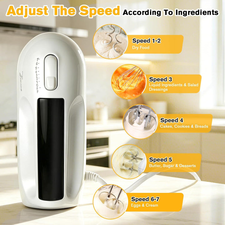 Handmixer Elektrisch 300W mit 7 Geschwindigkeiten, Ergonomischer Griff, Handrührgerät inkl. 2 Rührbe