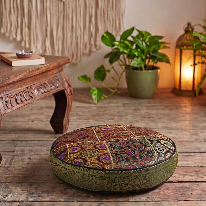 GURU SHOP Orientalisches Rundes Patchwork Kissen 40 cm, Sitzkissen, Bodenkissen mit Baumwollfüllung
