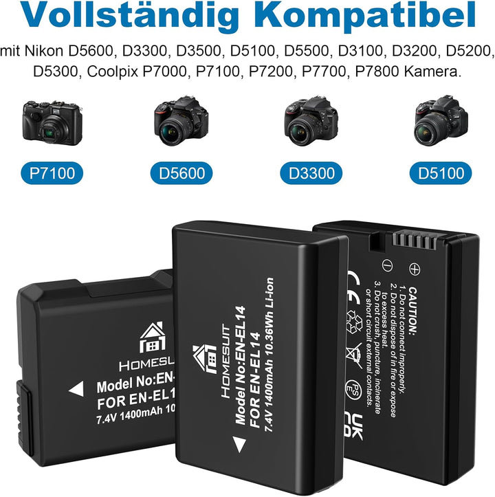 Homesuit 1400mAh EN-EL14 EN-EL14a Akku und DREI Schlitze LCD Ladegerät Kit für Nikon D3500 D3400 D33
