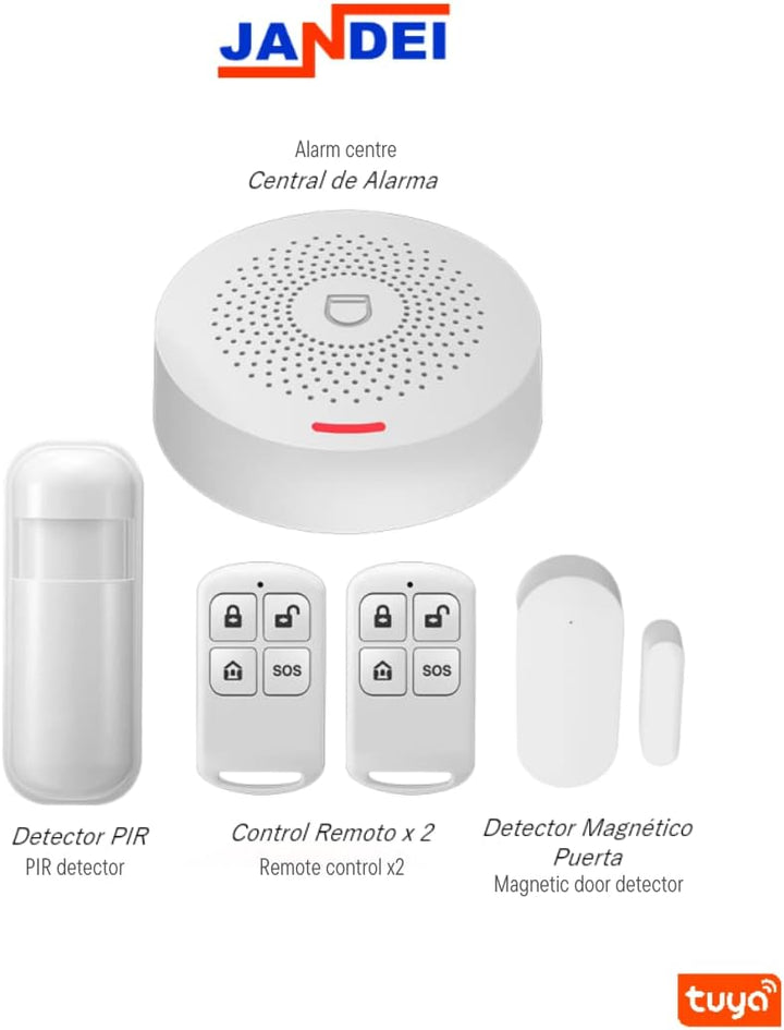 JANDEI - WiFi-Alarm System mit Sirene, Magnetdetektor, Türsensoren, Fernbedienung. Steuerung per Han