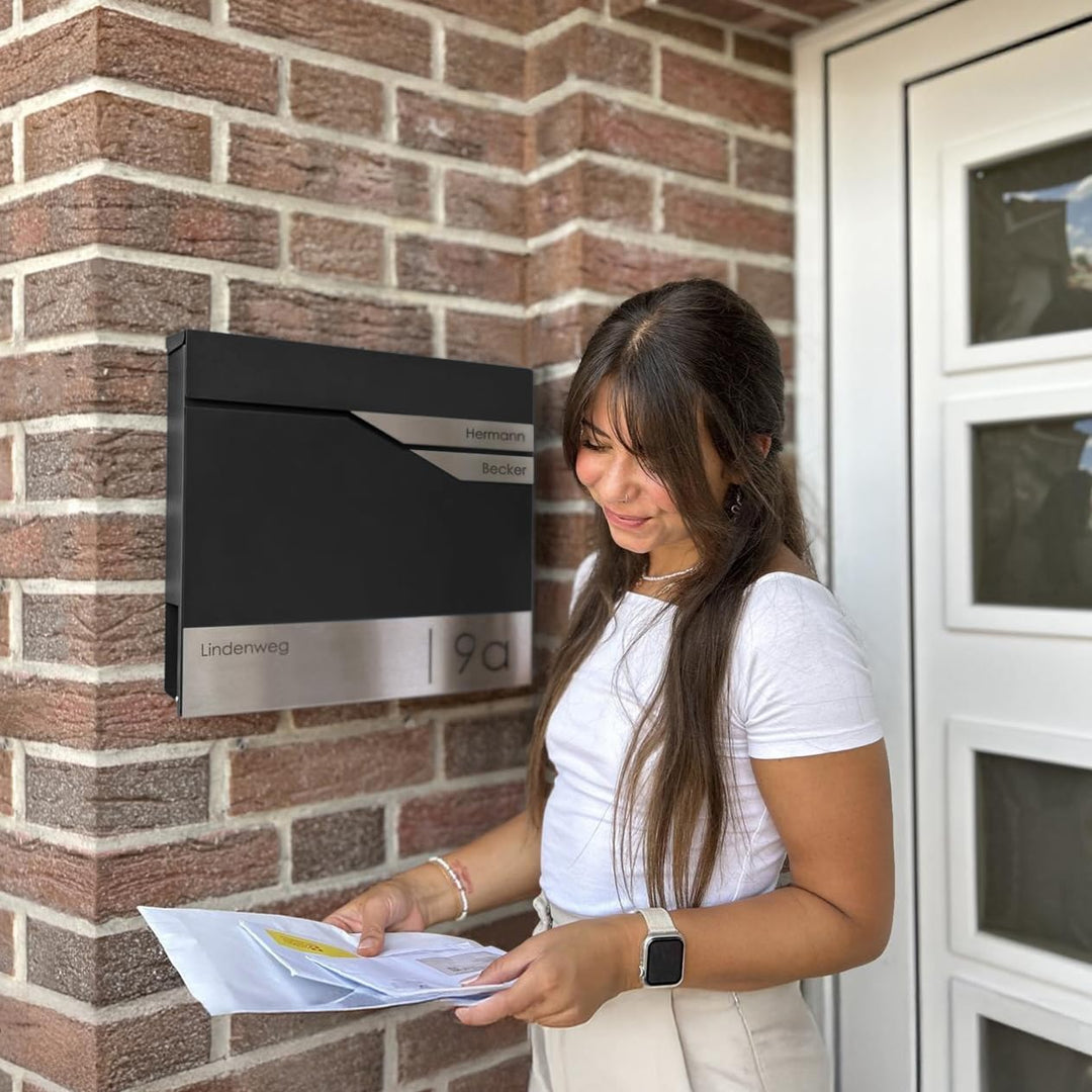 Metzler Briefkasten Schwarz 2 Parteien mit Zeitungsfach und Hausnummer – Wandbriefkasten mit Zwei Na