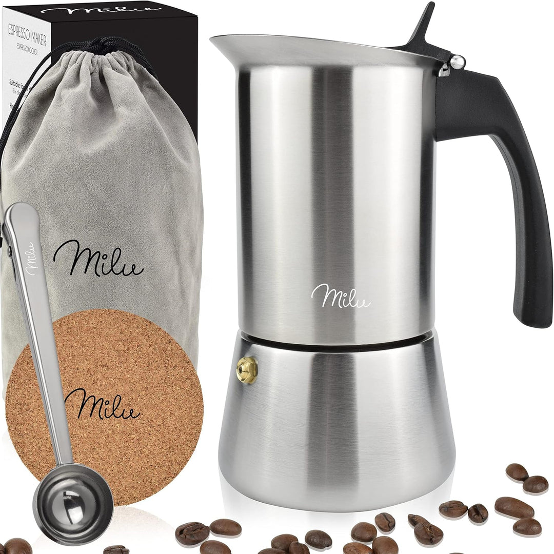 Milu Espressokocher Induktion geeignet | 2, 4, 6, 9 Tassen | Edelstahl Mokkakanne, Espressokanne, Es