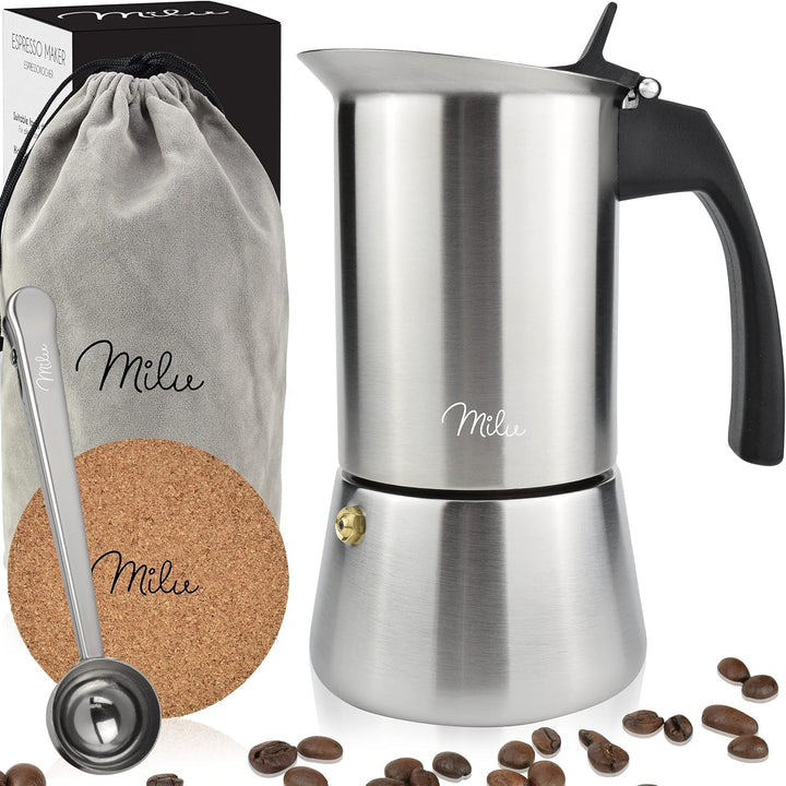 Milu Espressokocher Induktion geeignet | 2, 4, 6, 9 Tassen | Edelstahl Mokkakanne, Espressokanne, Es