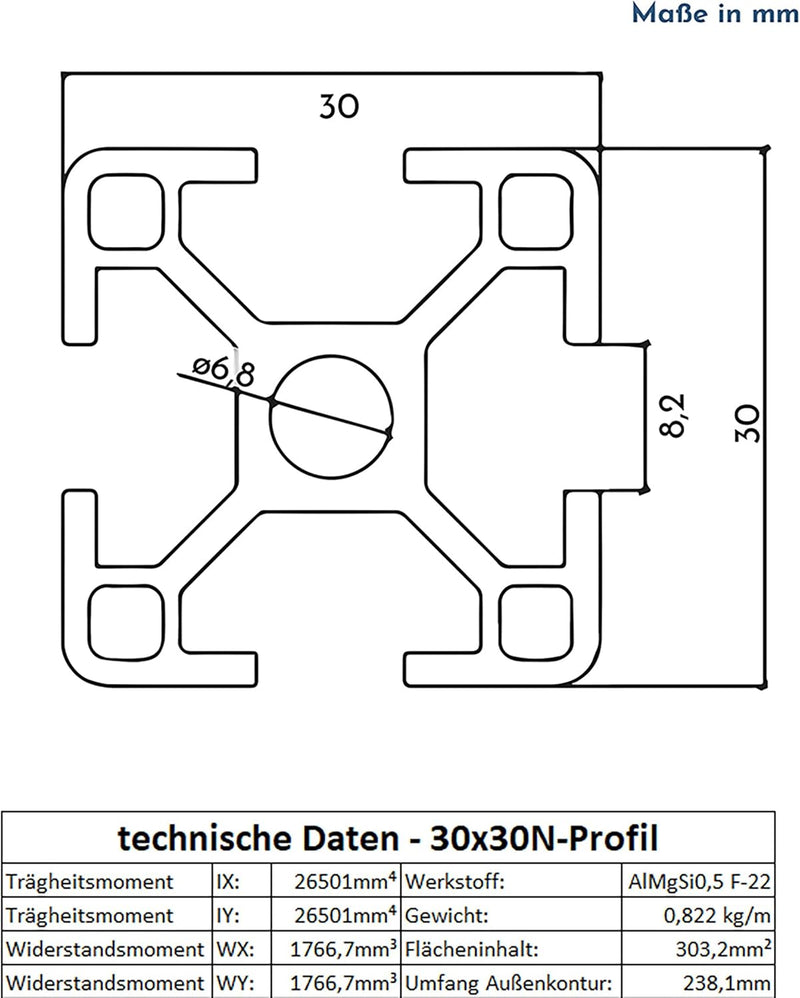 Alu Profil 30x30mm System-, Montage-, Konstruktionsprofil Nut 8-2000mm, 2000