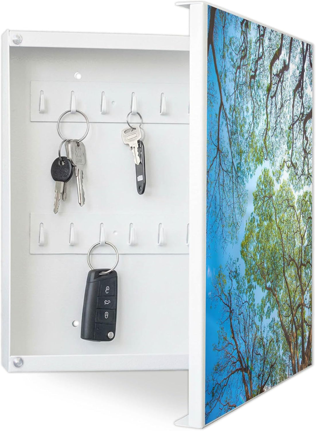 banjado® Grosser Schlüsselkasten Glas/Schlüsselbox 30cm x 30cm mit 50 Haken - Motiv Zwischen Bäumen