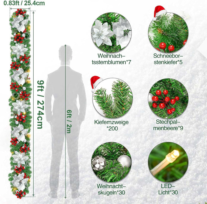 Timiyou Weihnachtsgirlande, 270cm Tannengirlande mit Blumen und Rote Beere, Weihnachtsdeko Innen Aus