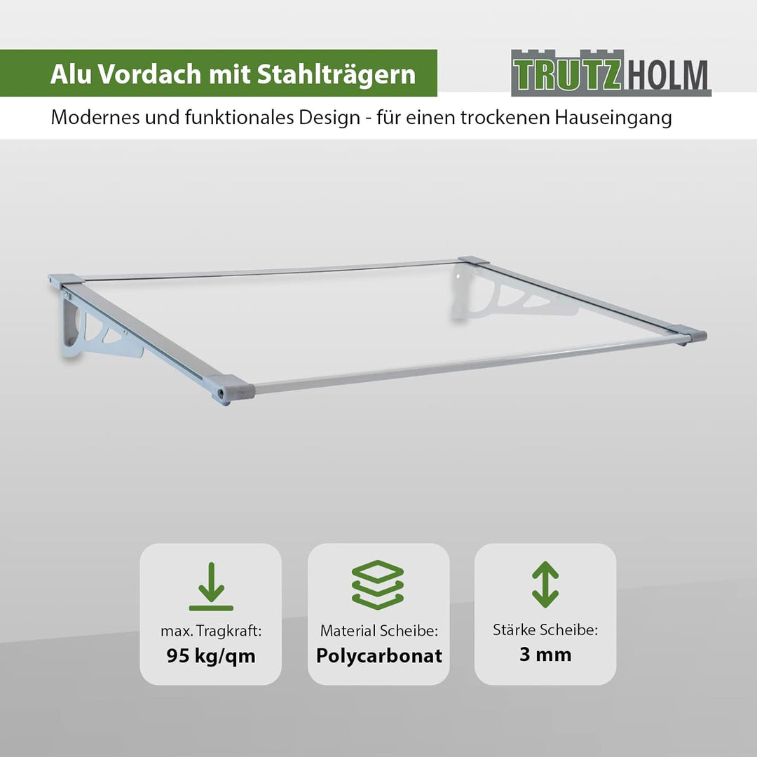TrutzHolm® Aluminium Vordach Haustürvordach Pultvordach 150 x 90 cm Schneelast 95kg | Polycarbonatpl