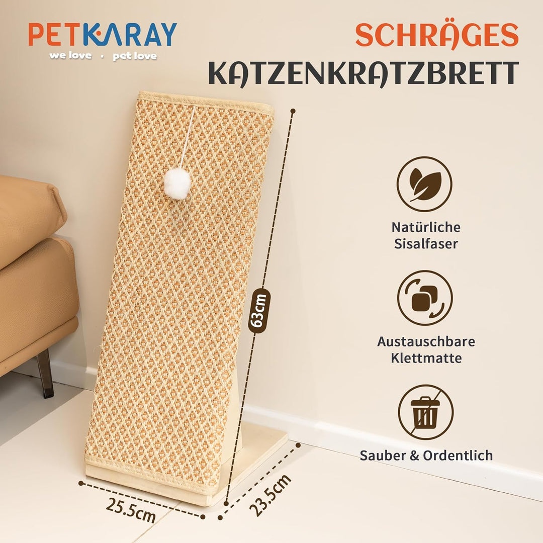 PETKARAY Kratzbrett Katze, 65 cm Kratzsäule aus natürlichem Sisal mit Rampe, stabiles L-förmiges Kat