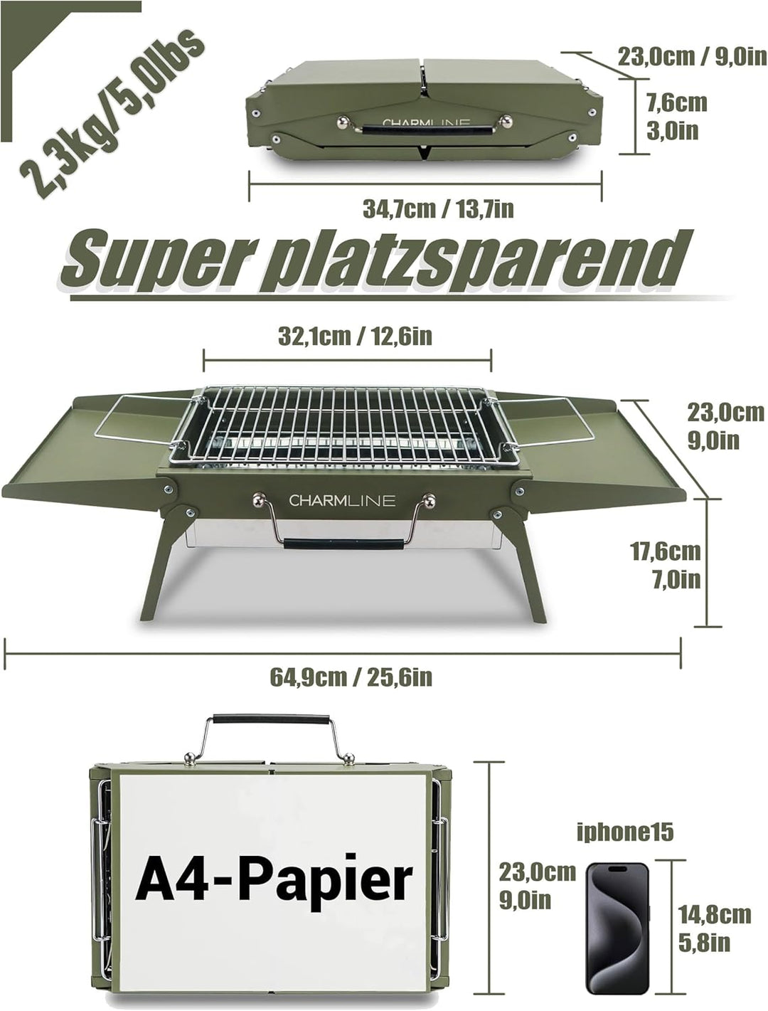Charmline Tragbarer Holzkohlegrill, Klappbarer Campinggrill 35 x 23 cm für 1–3 Personen, Mini BBQ Gr