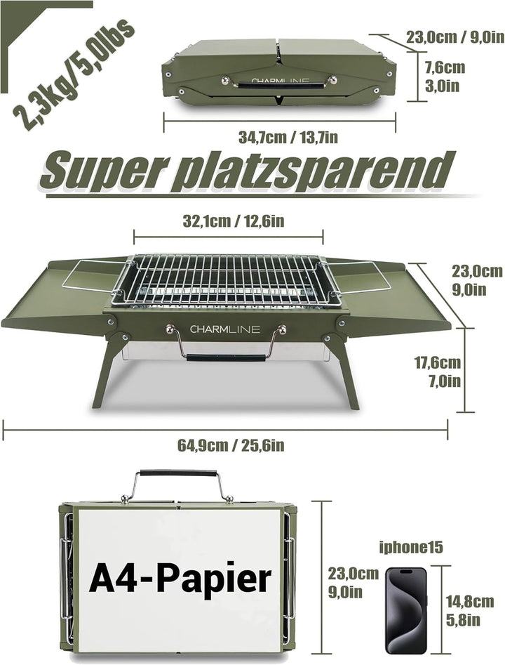 Charmline Tragbarer Holzkohlegrill, Klappbarer Campinggrill 35 x 23 cm für 1–3 Personen, Mini BBQ Gr
