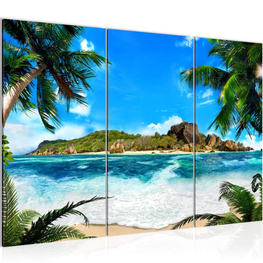 Runa Art Wandbilder Meer Strand Bild XXL Wohnzimmer Schlafzimmer Blau Palme Meer 120 x 80 cm 3 Teili