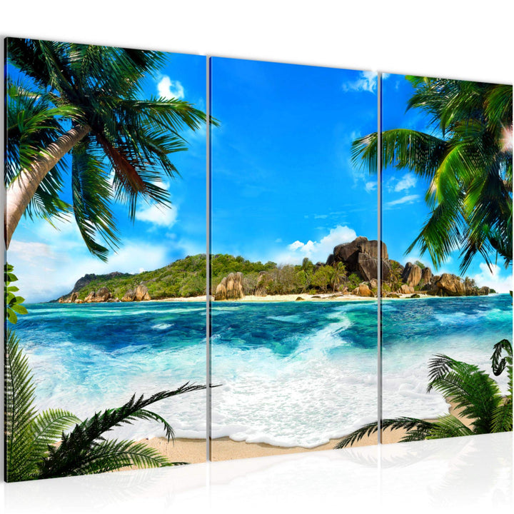 Runa Art Wandbilder Meer Strand Bild XXL Wohnzimmer Schlafzimmer Blau Palme Meer 120 x 80 cm 3 Teili
