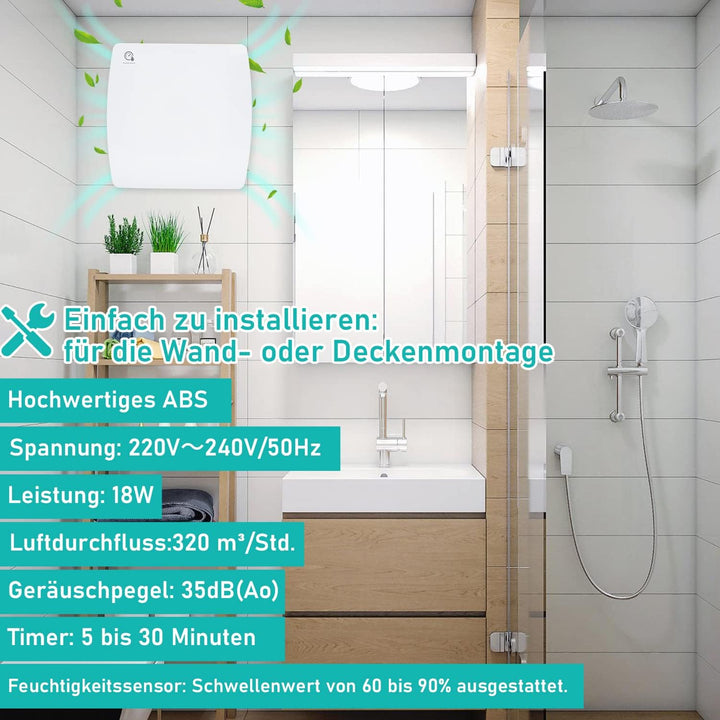Ikodm Badlüfter 150mm mit Feuchtigkeitssensor und Rückstauklappe timer, Badezimmerlüfter Bad Lüfter
