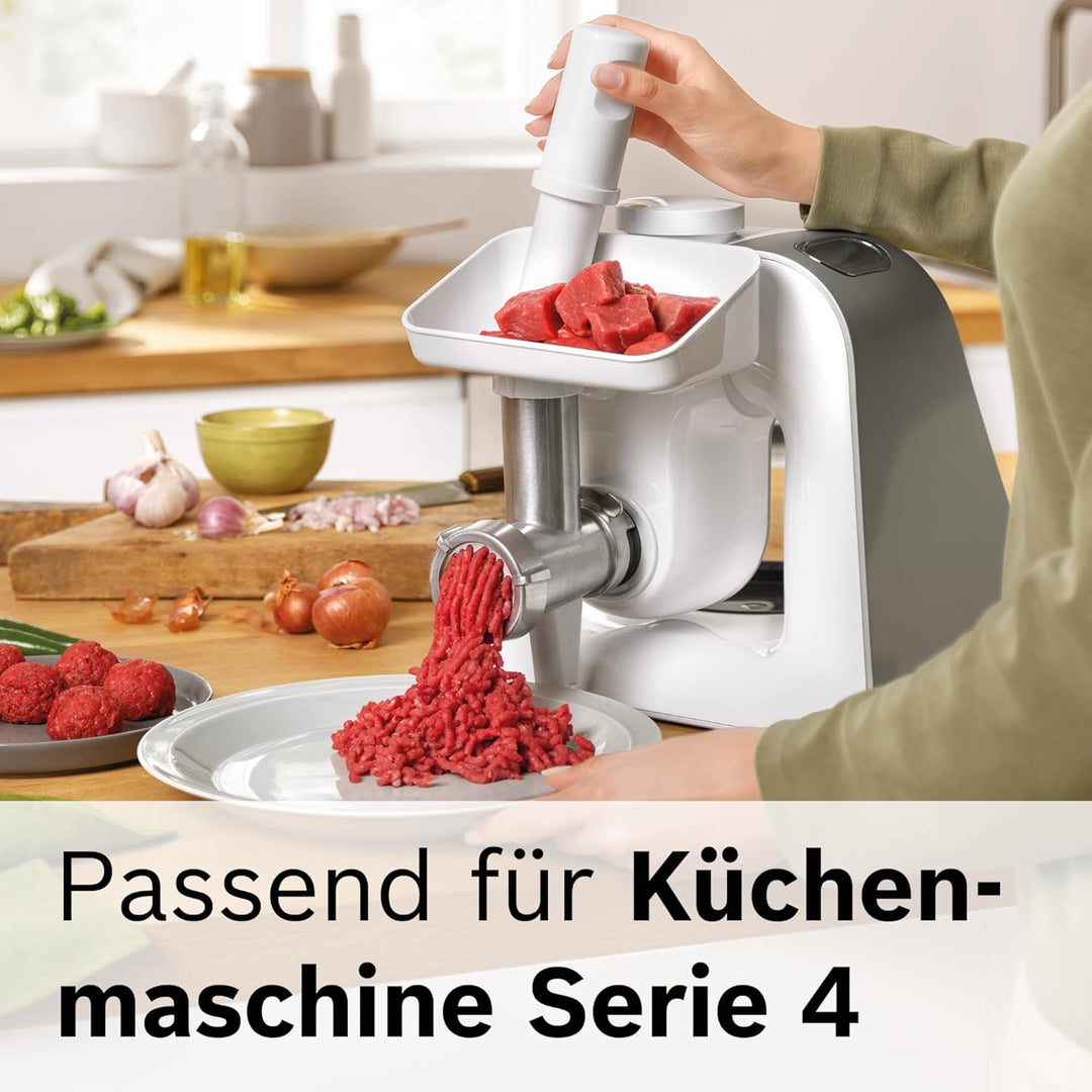 Bosch Fleischwolf MUZ5FW1, Fleischwolf-Aufsatz, Stopfer, Edelstahl Loch-Scheibe 4,5 mm, auch für Fis