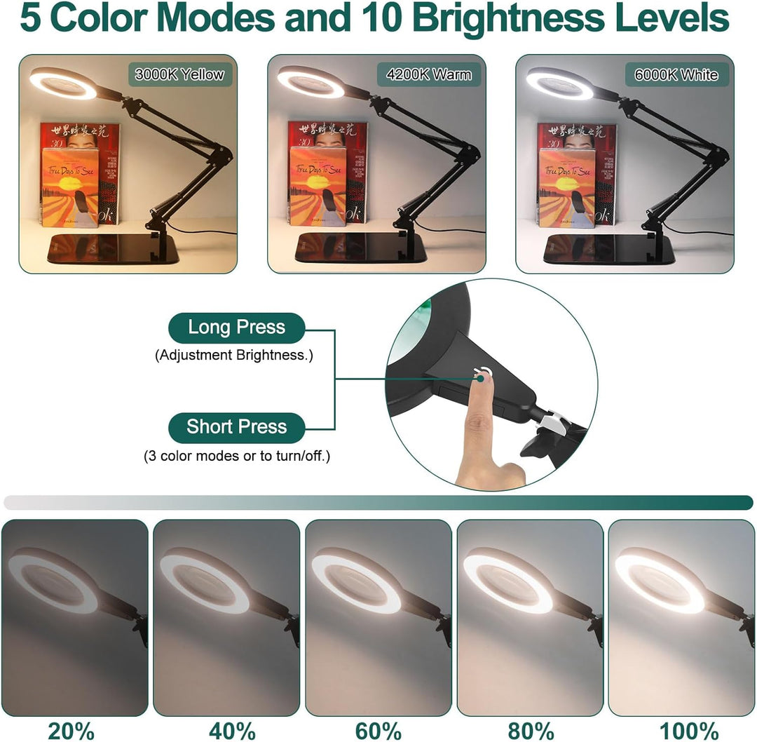 Lupe mit Licht und Ständer, Touch-Steuerung, 2-in-1 LED Lupenleuchte, Schreibtischlampe mit grossem